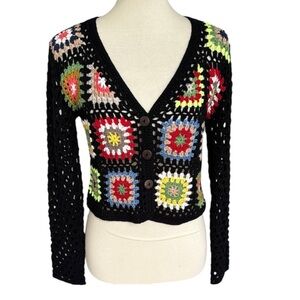 VTG Debut Crochet Granny Square Multicolor Knit Cardigan Boho Sweater Womens XS